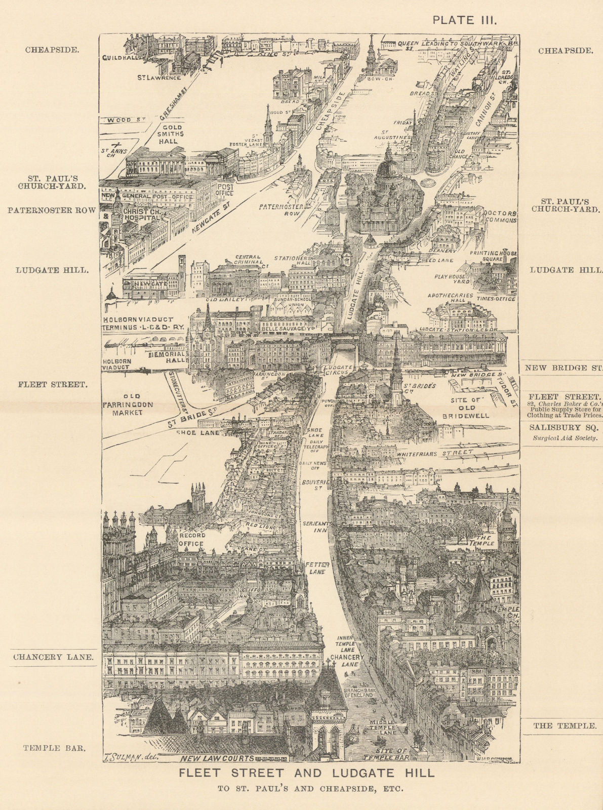 Fleet Street bird's eye view. Ludgate Hill St. Paul’s Cheapside. SULMAN 1890 map
